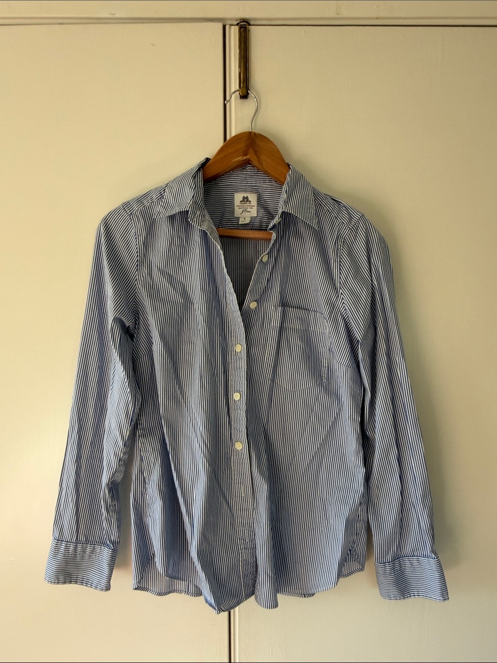 J.Crew Thomas Mason Stretch Perfect Shirt Blue Bengal Stripe Size 6